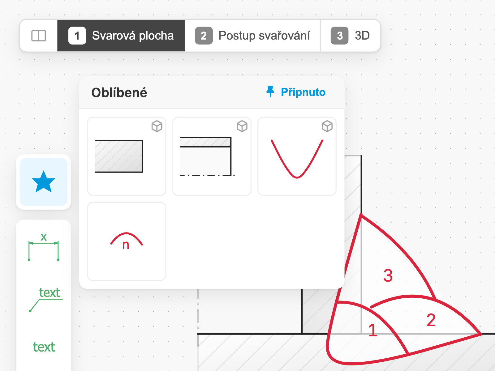 Panel oblíbených ve Weldia Designeru 2