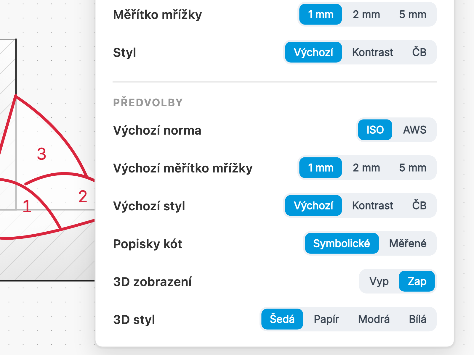Panel nastavení ve Weldia Designeru 2, skupina předvoleb