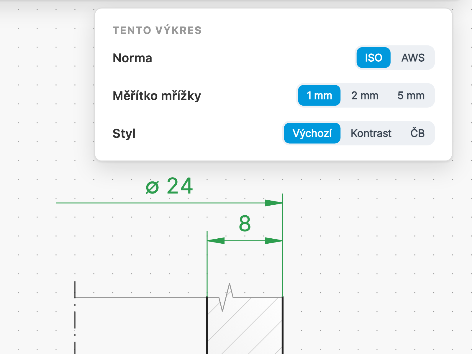 Settings panel with the drawing standard and grid scale next to a dimensioned joint in Weldia Designer 2