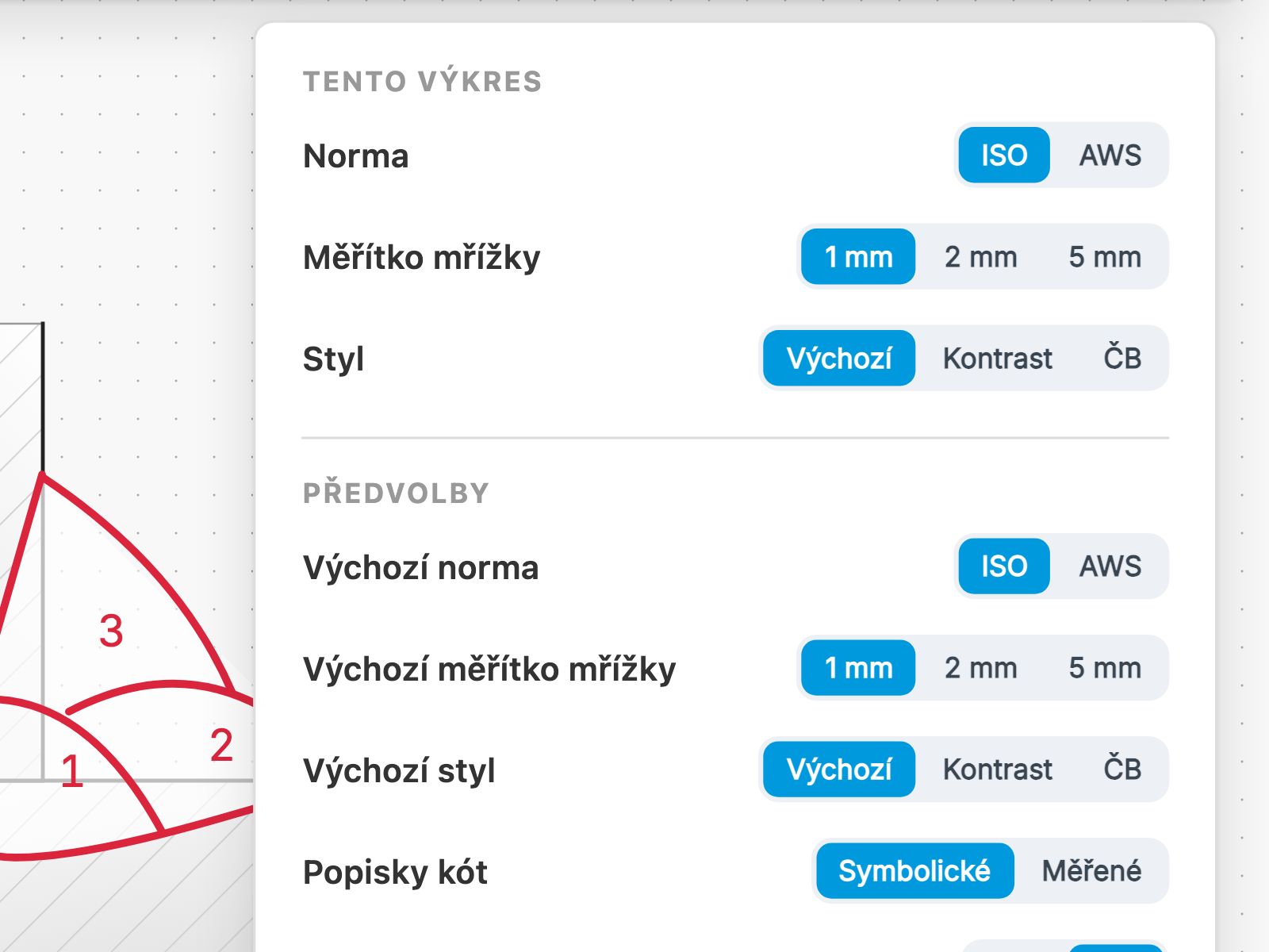 Panel nastavení ve Weldia Designeru 2, skupina pro tento obrázek