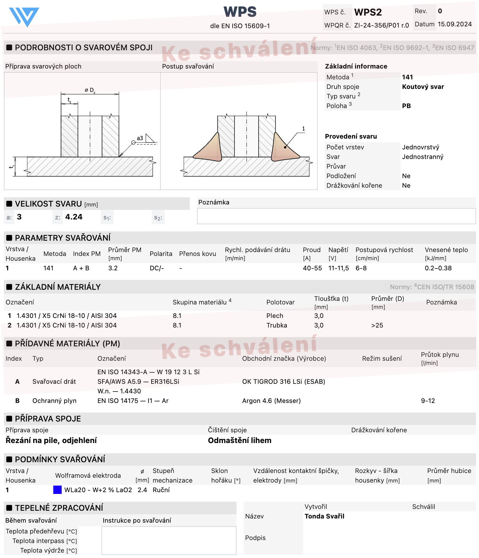 Dokument WPS ve Weldia WPS, příprava svarových ploch a postup svařování nakreslené v Designeru
